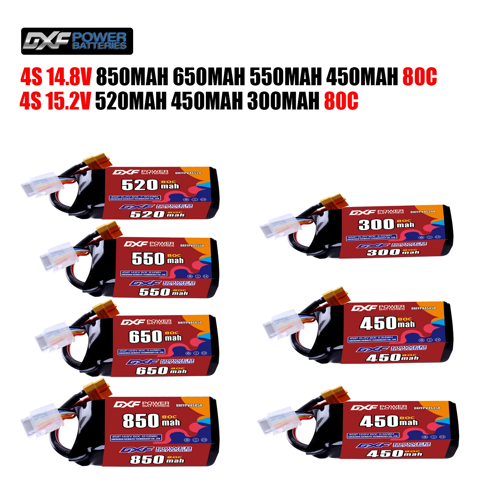 

DXF Lipo 4S Аккумулятор 14,8 В 850 мАч 650 мАч 550 мАч 450 мАч 15,2 В 520 мАч 300 мАч 80C XT30 XT60 JST Plug для FPV Quadcopter Drone
