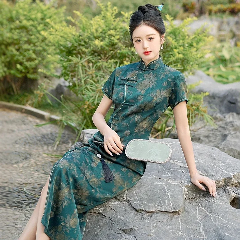 

Женское платье Cheongsam Vinatge, улучшенное китайское платье, женское атласное платье Qipao Mujer размера плюс 5XL, Vestidos, длинное традиционное платье