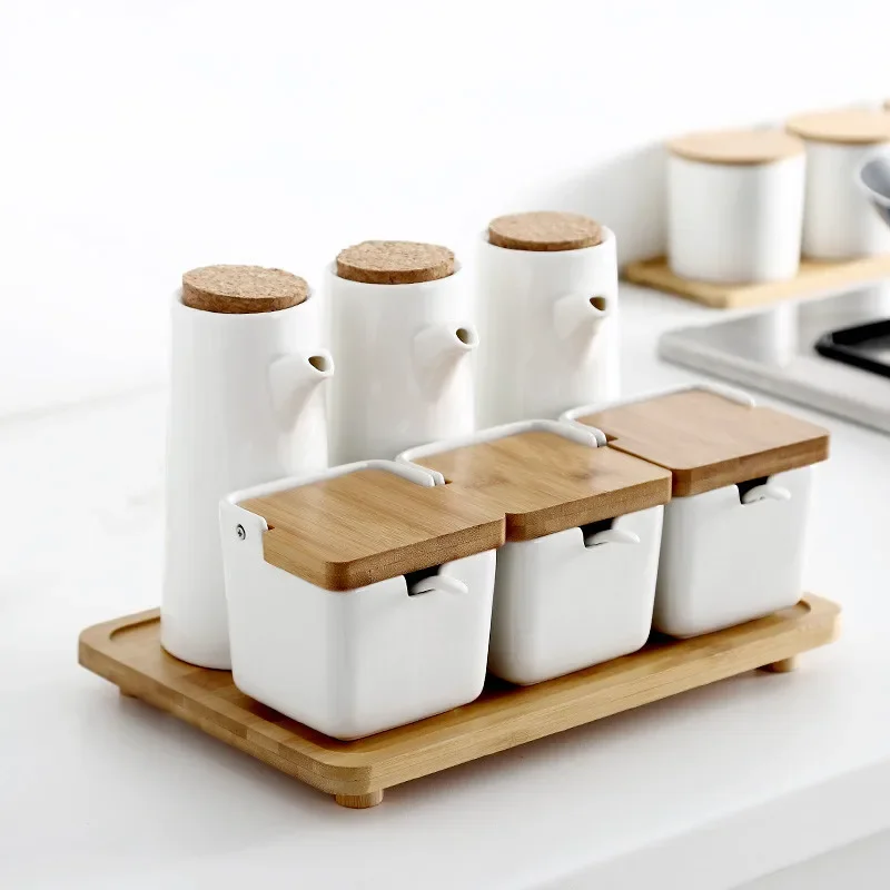 Kitchen Storage Container Wooden Lid Ceramic Seasoning Jar Salt Sugar Bowl Kitchen Jar Set Seasoning Box Cereal Dispenser Home