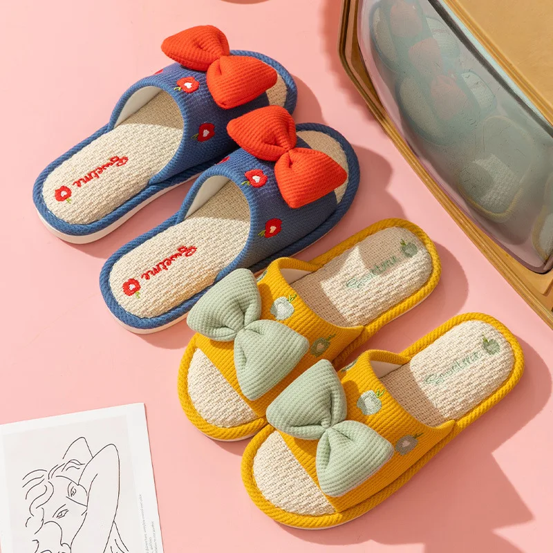 

Hemp Women's Slippers House Flats Bow Fashion Spring Summer Designer Shoes Girls Cute Indoor Slides Soft Sole Open Toe Lovely