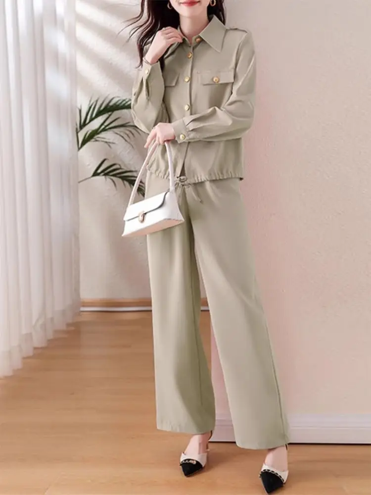 

Осенний модный комплект 2025, новый повседневный модный однобортный пиджак с лацканами + широкие брюки, комплект из двух предметов для женщин