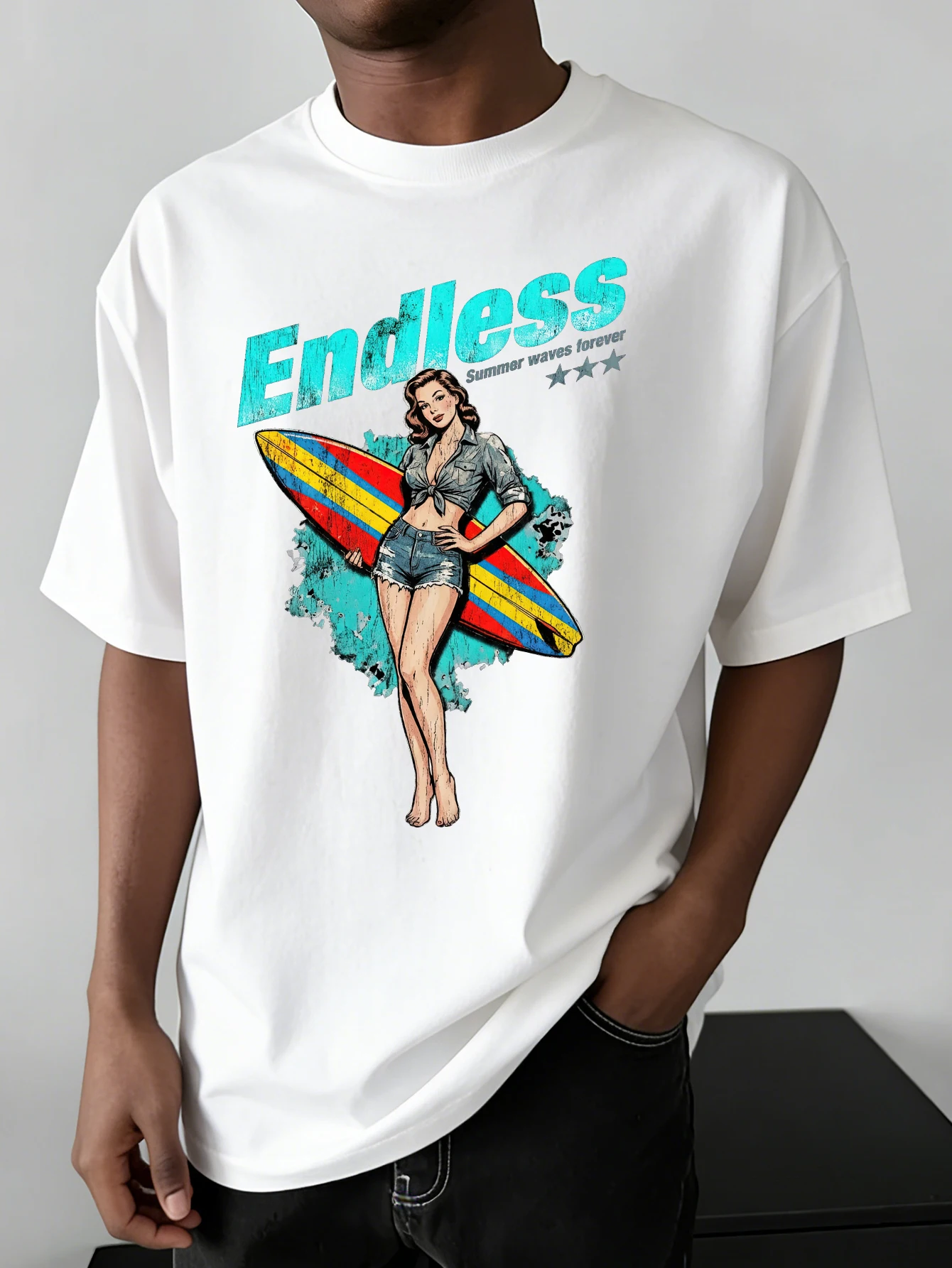 Men's Oversized Vintage Surfing T-shirt Brand Endless Summer Pinup Girl Surfboard Graphic Print Loose Fit Cotton Short Sleeve Wh
