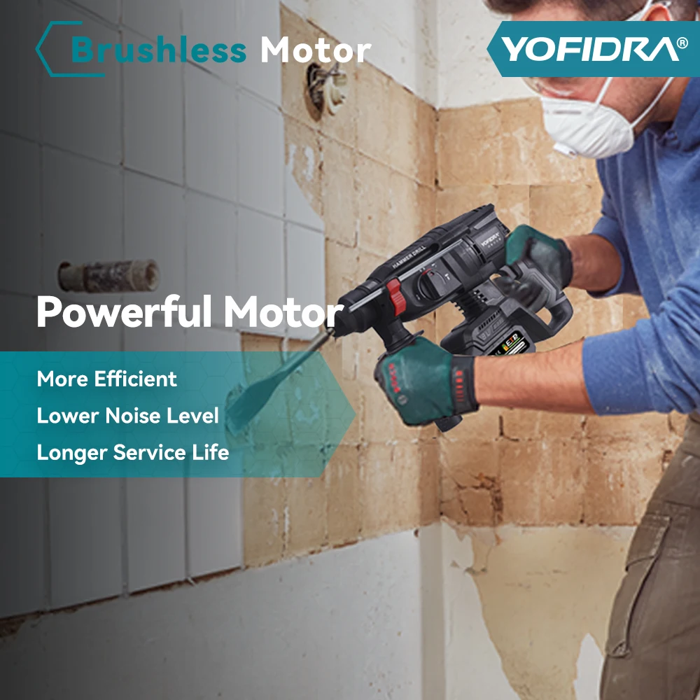 Yofidra 26mm Brushless Electric Hammer Impact Drill Multifunction Efficient Cordless Rotary Power Tool For Makita Battery Pin