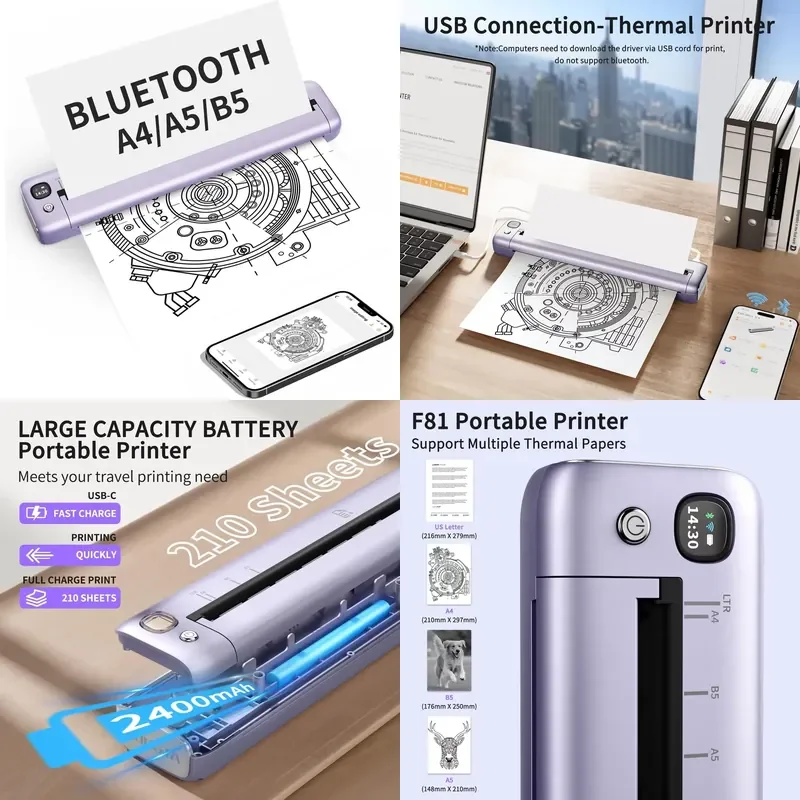 Rongta F81 Portable Printers Wireless Bluetooth Mobile Printer Thermal Inkless Printer for School/Office/Home Use