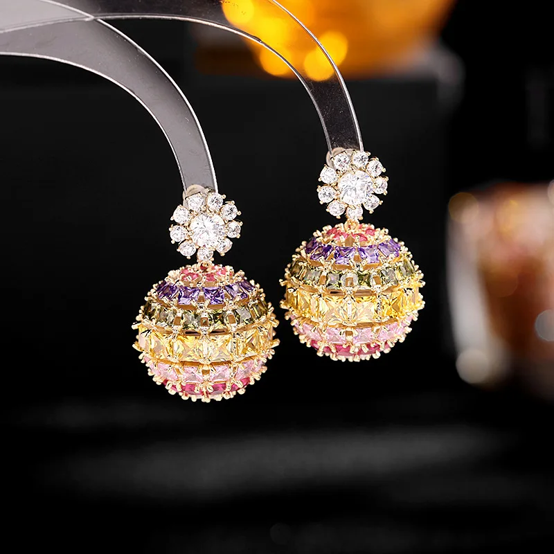 

New Colored Zircon Flower Ball Earrings Creative Heavy Industry Elegance Exaggerated Fireworks Explosive Ball Earrings Female