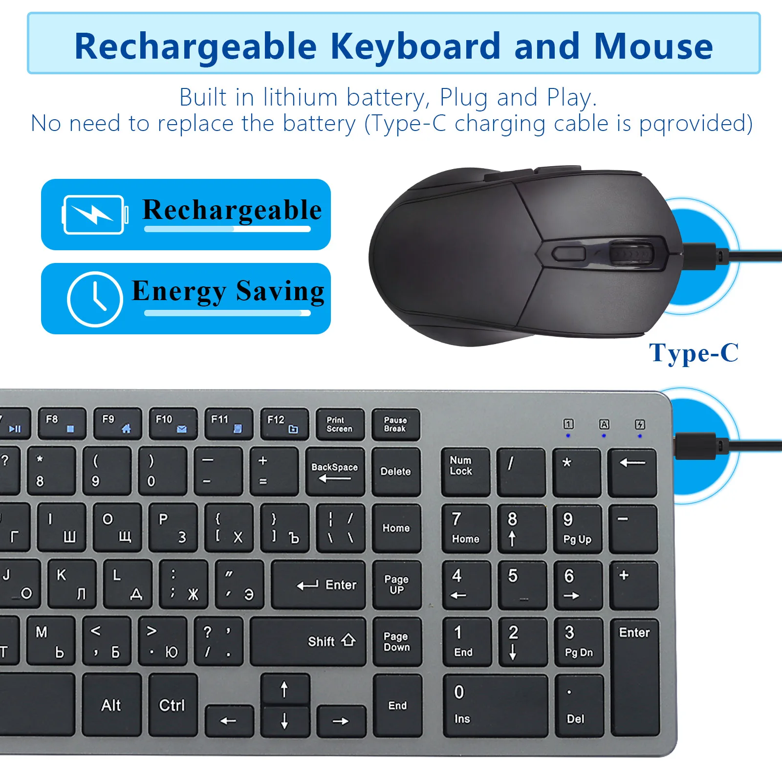 Hebrew Rechargeable Wireless Keyboard and Mouse Kit, USB Slim Keyboard and Silent Mouse, for Windows PC Computer Laptop Mac TV