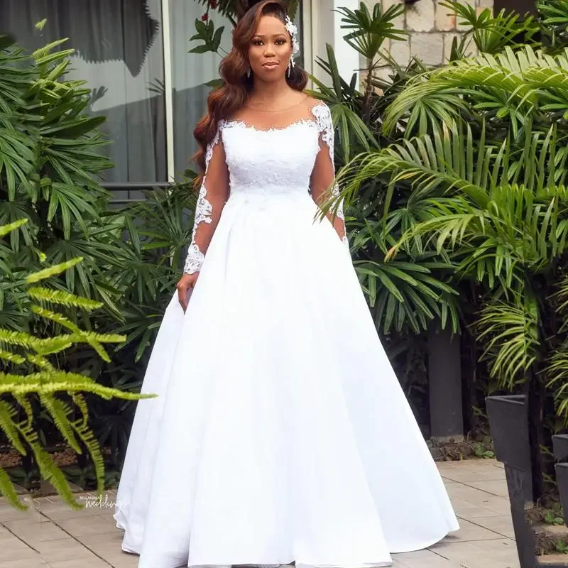 Customized Custom Made African Long Sleeves Lace Appliques Dresses With Bowknot Sweep Train Plus Size Wedding Bridal Gwons