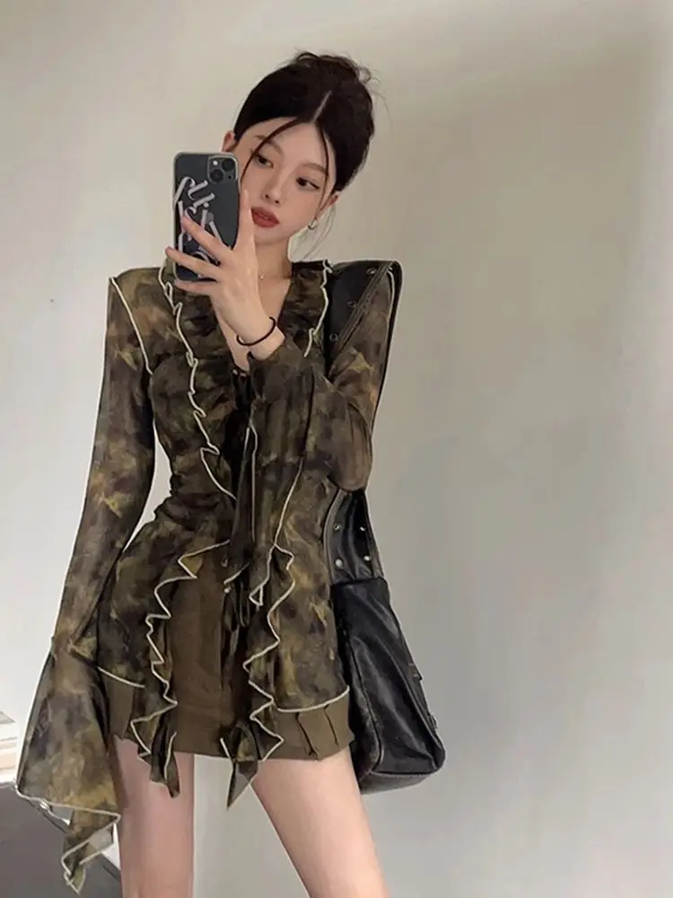 

Ruffled V-neck Flare Sleeve Women Shirts Slim Vintage Harajuku Blouse Y2k Aesthetic Tie Dye Grunge Elegant Blusas Mujer De Moda