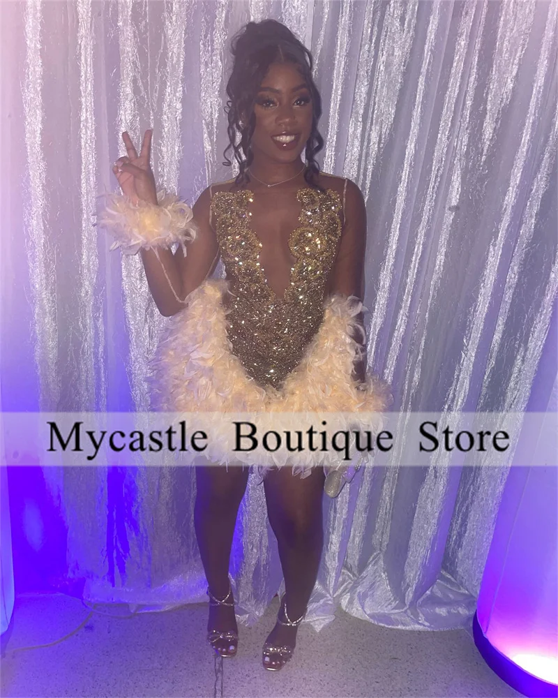 Luxury Gold Rhinestones Short Prom Dresses 2024 Black Girls Sparkly Diamond Feather Cocktail Dresses Birthday Party Gowns