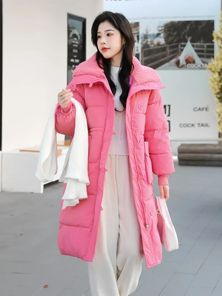 Winter Down Cotton Jacket Fashion Y2k Casual Large Lapel Collar Pockets Loose Oversized Thick Warm Mid-Length Cottons Coat Women