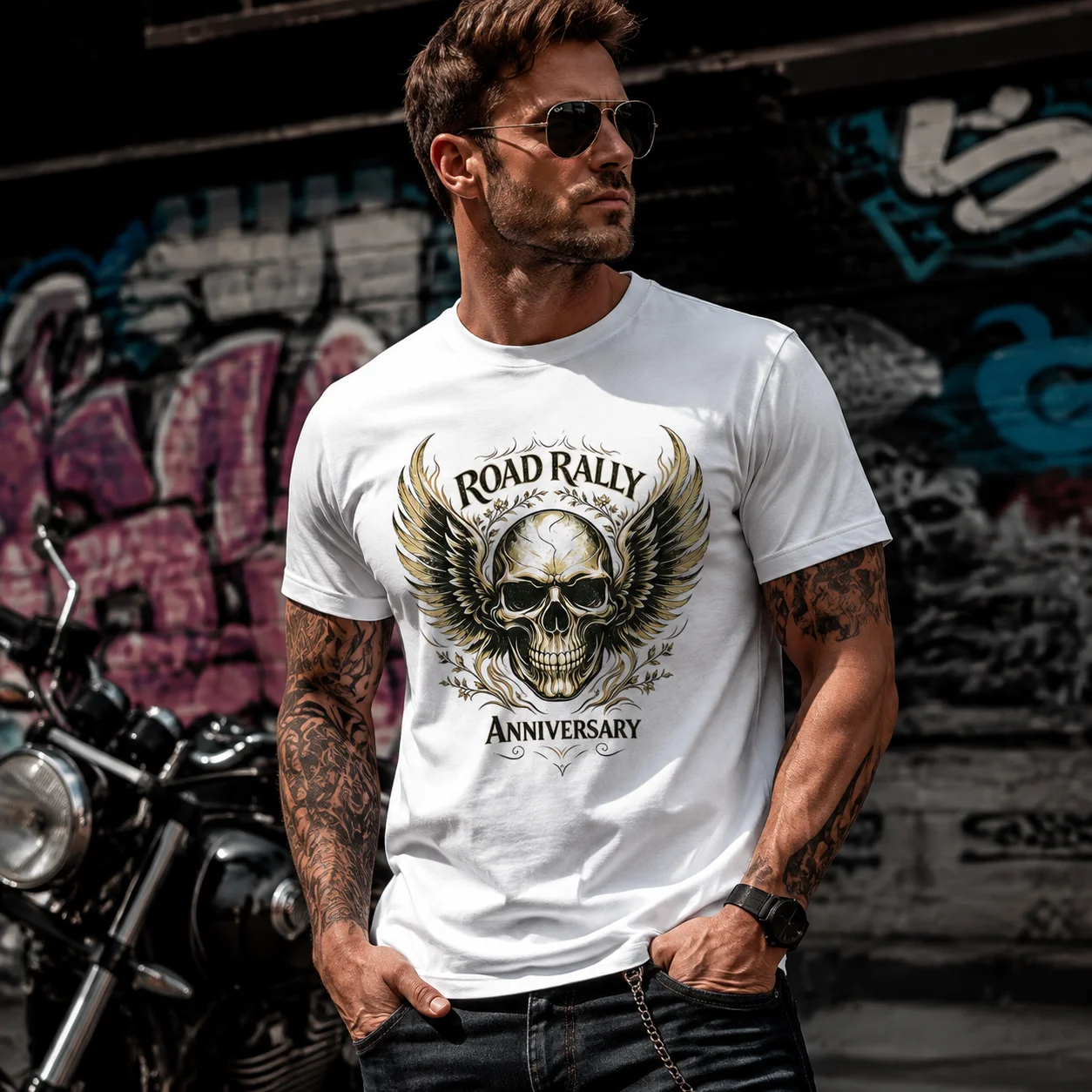 Vintage Road Rally Anniversary Winged Skull Graphic Tee Men Biker Motorcycle Rock Streetwear 100% Cotton O‑Neck Short Sleeve