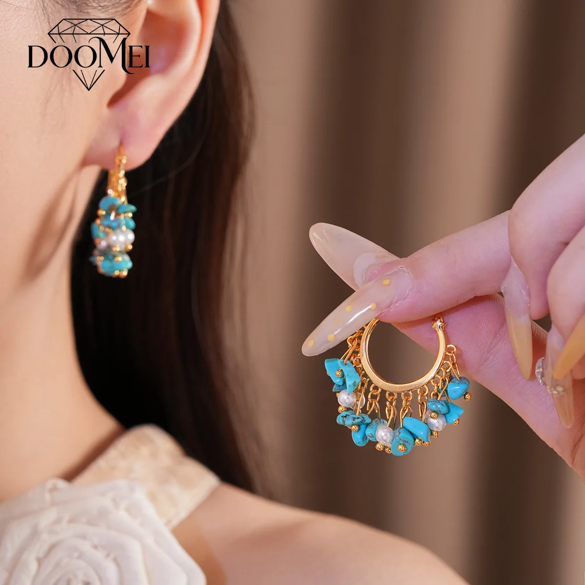 DOO MEI Vintage Turquoise Hoop Earrings Light Luxury Artificial Pearl Ear Hoop New in Earrings for Women Gathering Vacation Wear