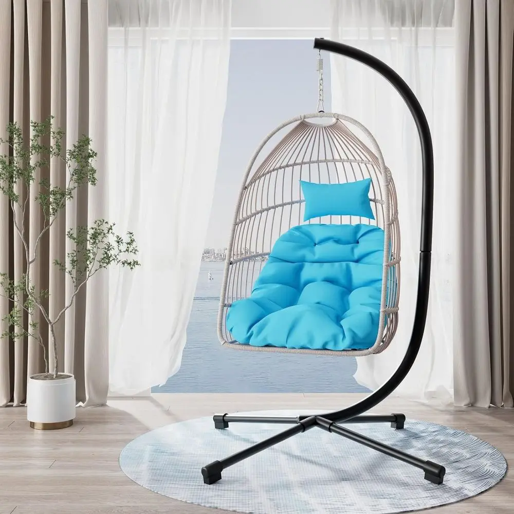 

Durable Outdoor Wicker Swing Egg Chair with Stand, HDPE Rattan, Heavy-Duty Steel, Cushioned Seat, 350 lbs Capacity, Blue