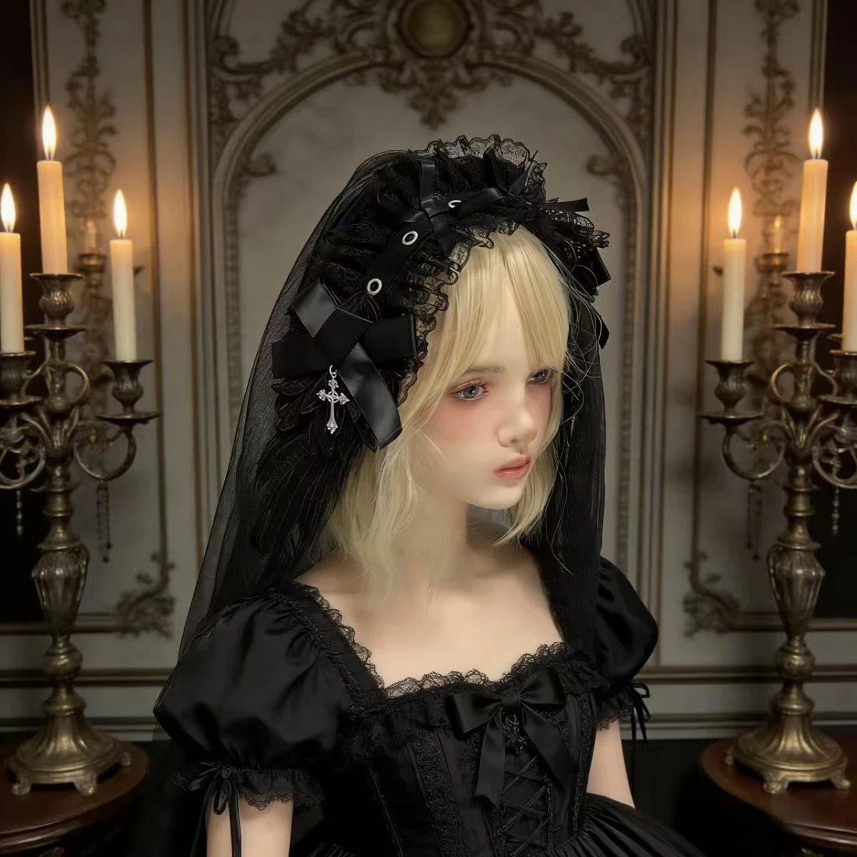 2pcs/set Retro Gothic Veil Black White Lace Veil Headdress One-layer Lace Wedding Veil for Engagement Anniversary