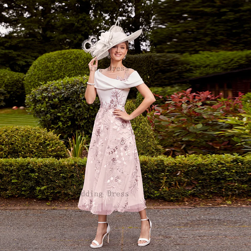 Vestido de fiesta de manga corta para madre de la novia, elegante, color azul claro, con cuello redondo, flores y perlas