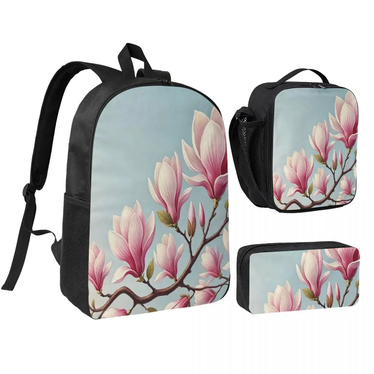 Blooming Pink Magnolias Backpack Student BookBag School Bag Shoulder Bags 3ps Insulated Lunch Bag Pencil Case