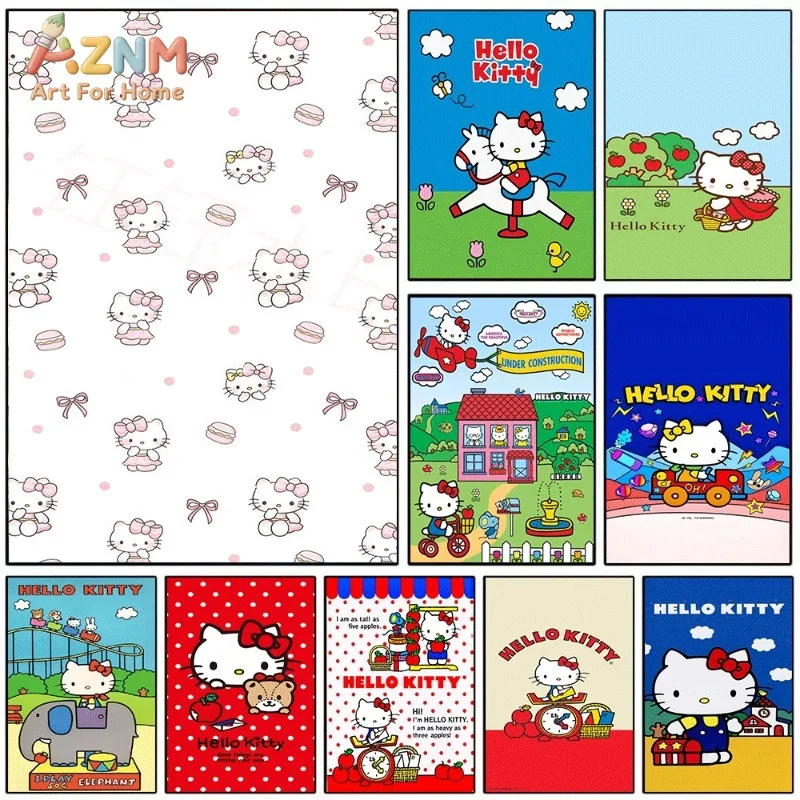 Hello Kitty Canvas Poster Cute Sanrio Cartoon Print Unframed Canvas Art Ribbon Macaron Amusement Park Sweet Kawaii Aesthetic Wa