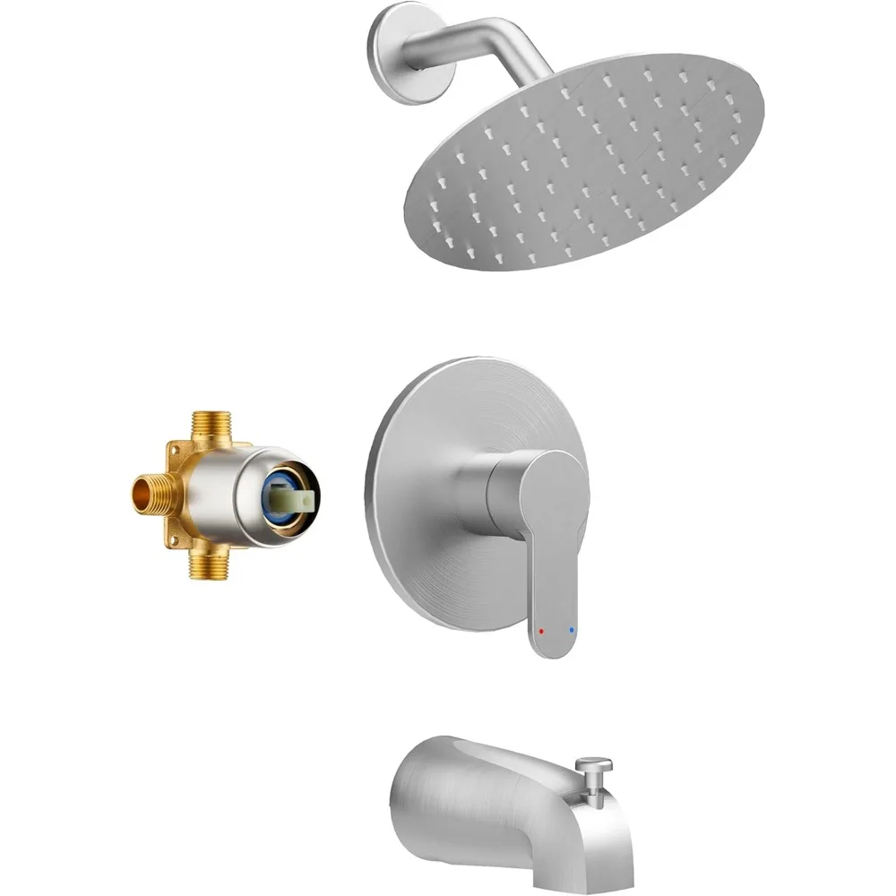 

6-Inch High-Pressure Rain Shower Head with Tub and Shower Faucet Set in Brushed Nickel Finish