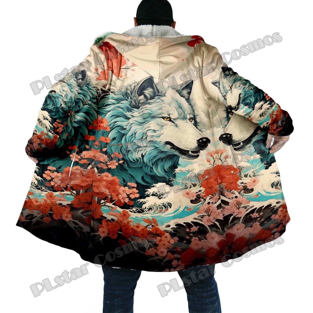 Capa con capucha de lana gruesa estampada en 3D para hombre, abrigo cálido informal Unisex, patrón de lobo púrpura, moda de invierno, DP56