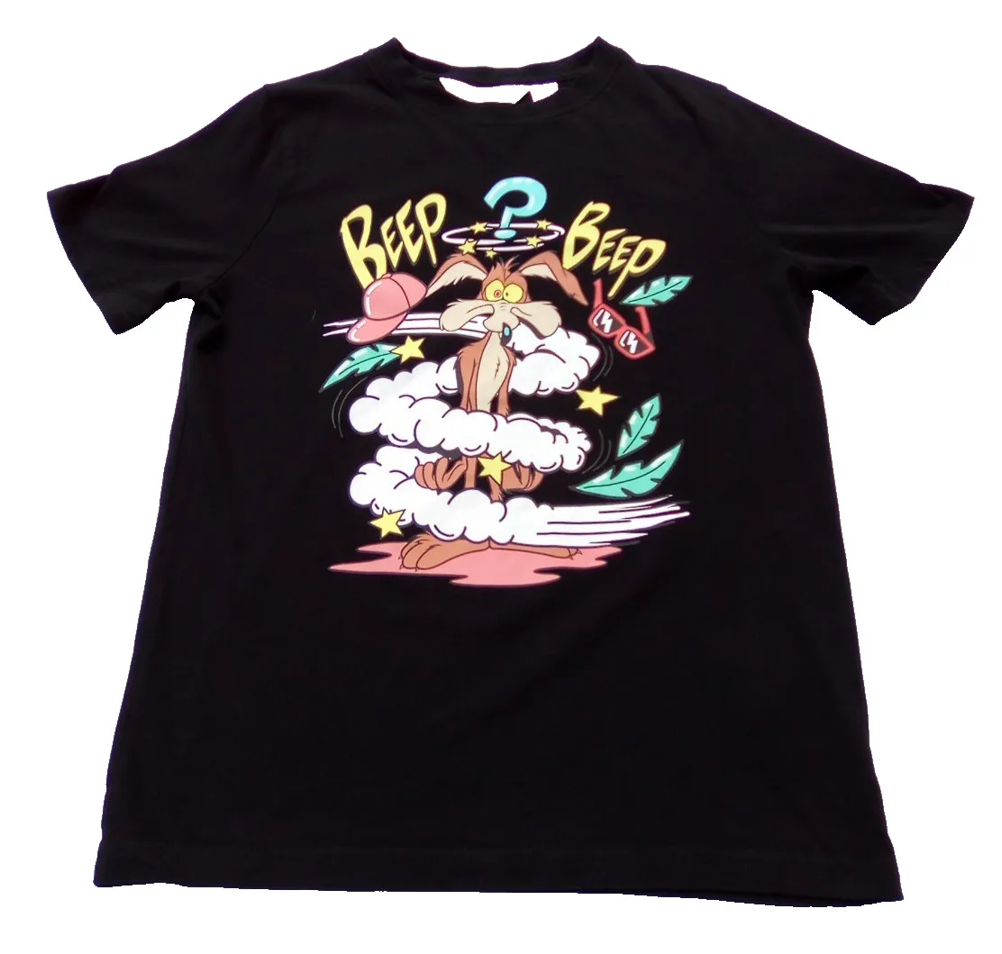 Camiseta juvenil gráfica H&M sólida preta Road Runner tamanho 12/14