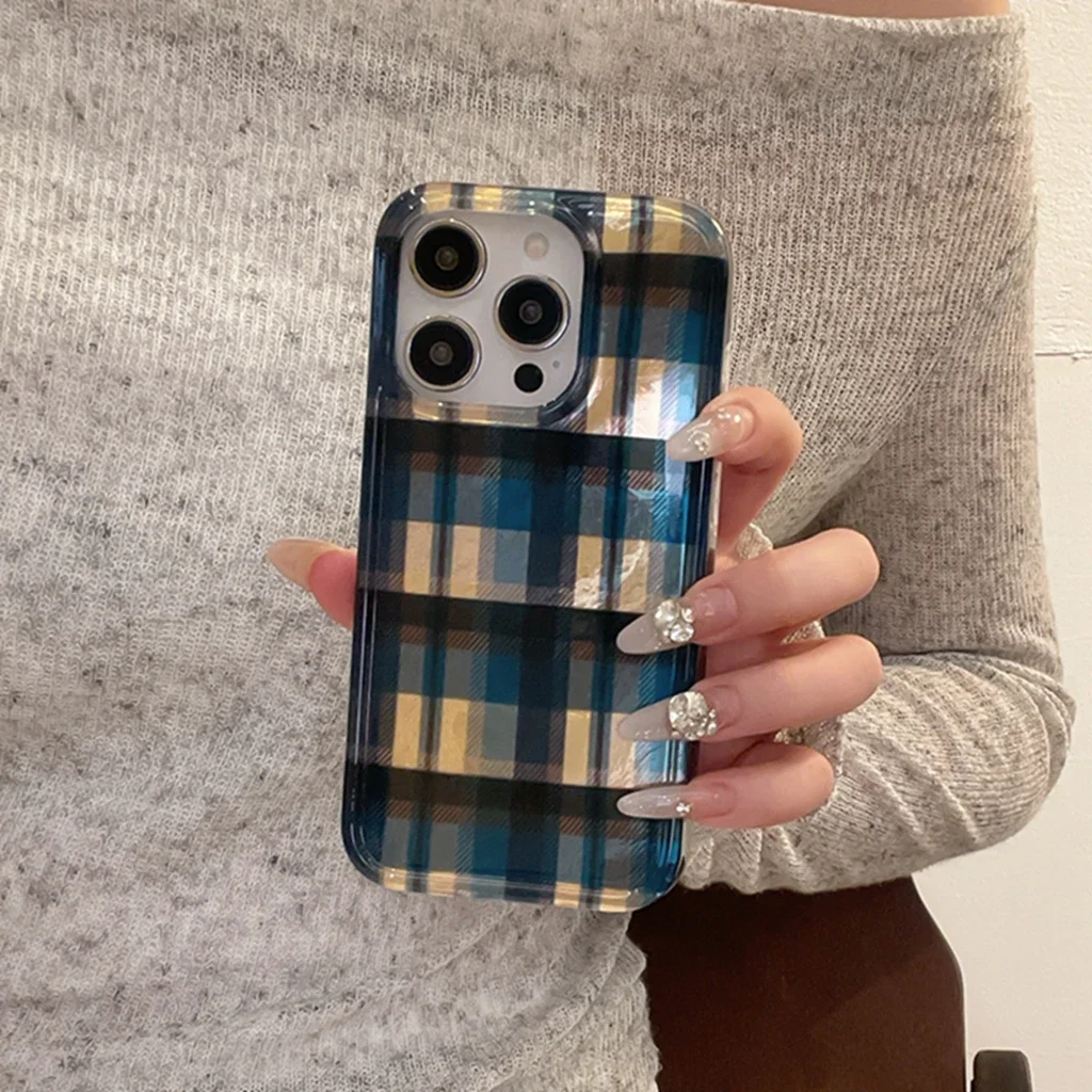 Retro Illusion Color Contrast Color Plaid Pattern Cover Case For iPhone 16 15 14 13 12 Pro Max Shockproof Protective Phone Case