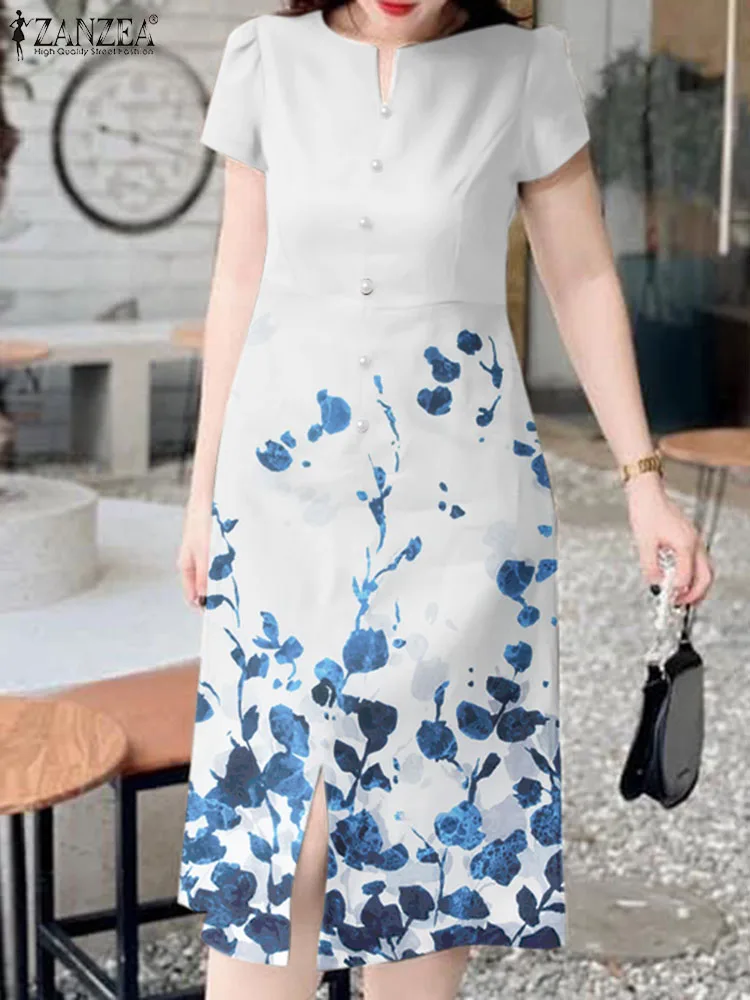 

Women Floral Print Sundress ZANZEA Casual Short Sleeve Midi Dress Elegant Slit Fornt Dresses 2024 Summer Single Breast Long Robe