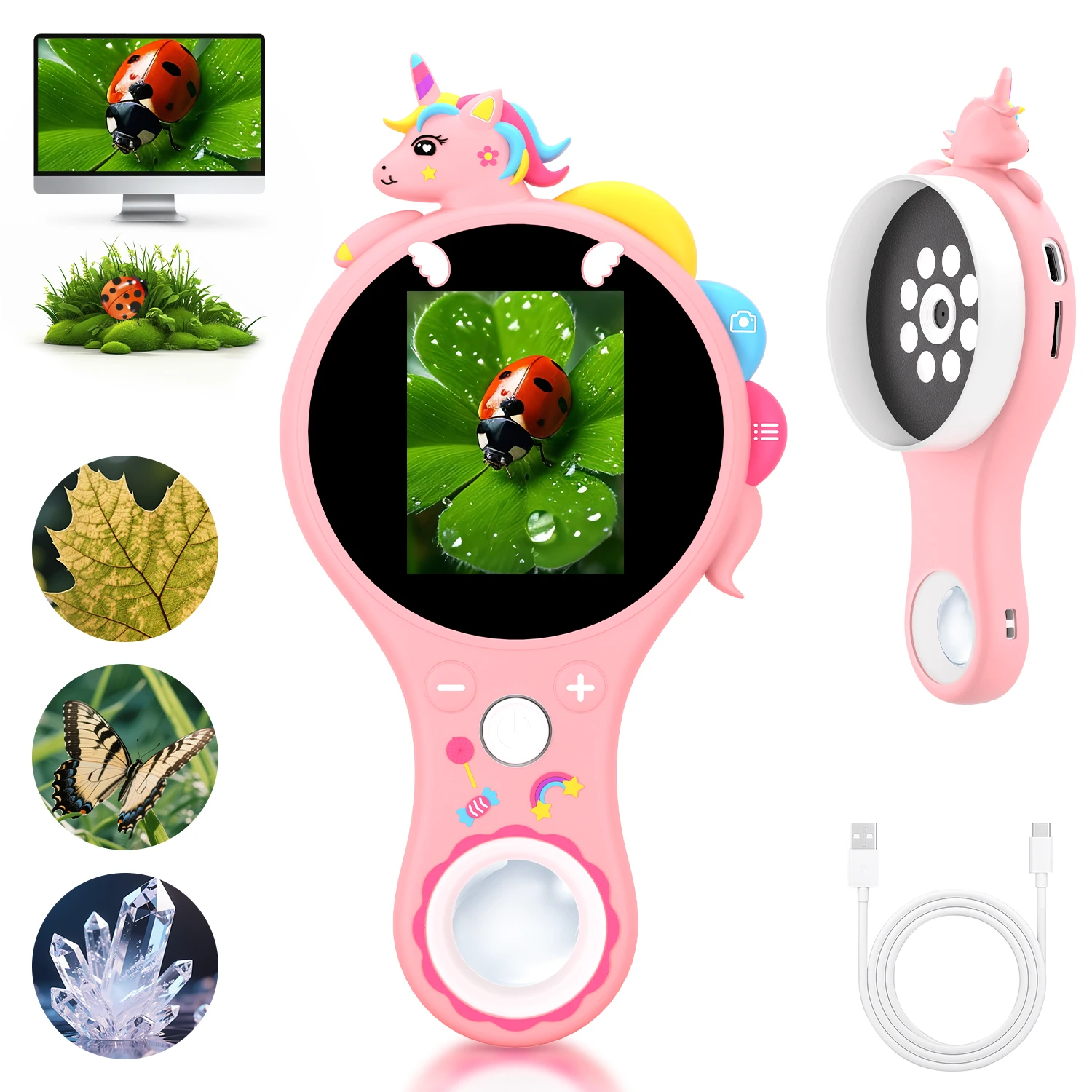 Kids Digital Microscope 2.0 Inch Screen 4X Magnification Rechargeable Support Photo Video Recording