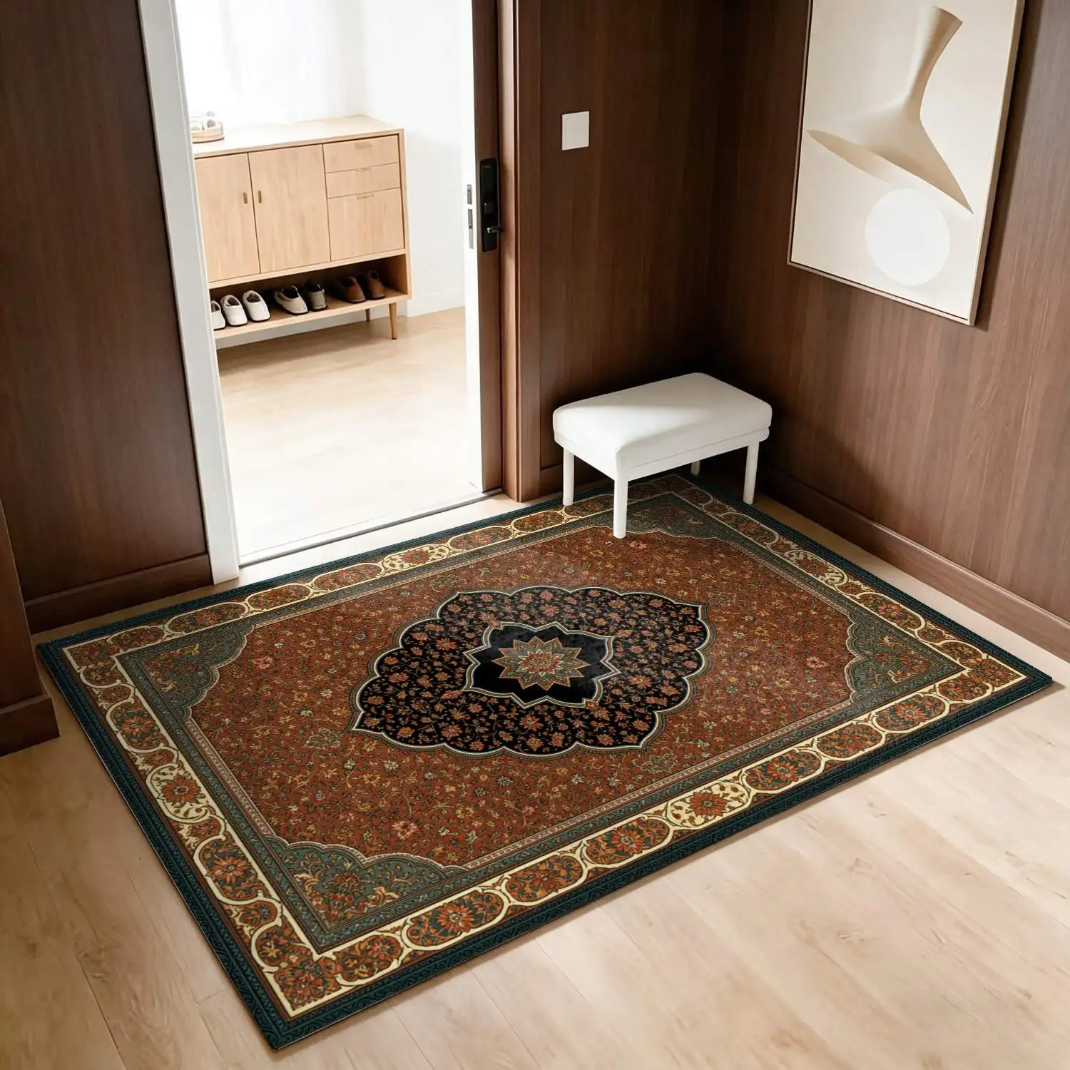 1Pc 2D Printed Retro Red-Brown Floral Geometric Vintage European Bohemian Carpet, Machine Washable, Multi-Size, for Home Decor Such as Entryway/Dining Room/Bedroom/Living Room Mats