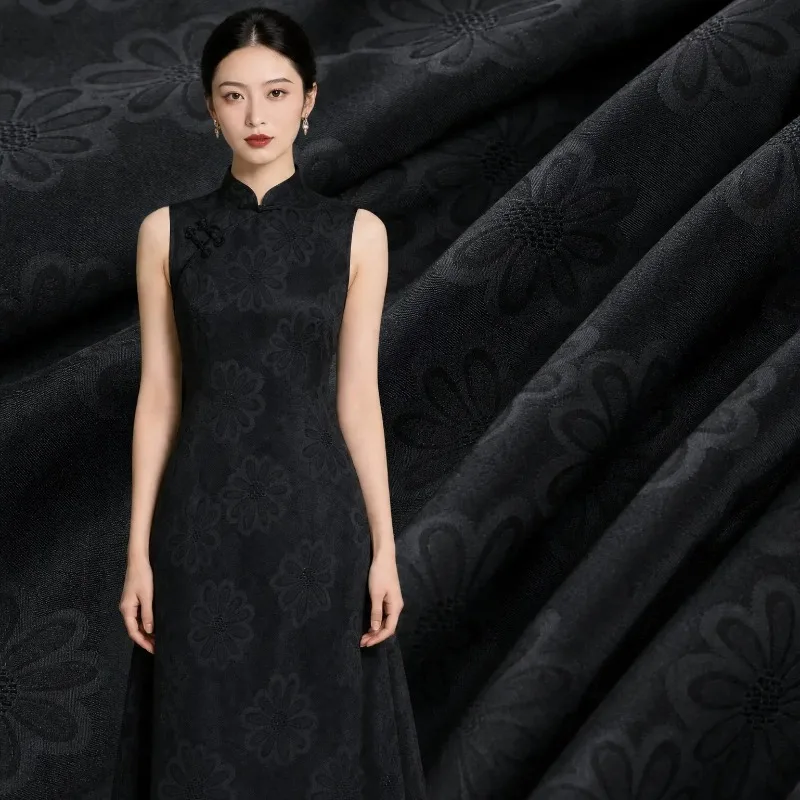 Black Daisy Shadow Jacquard Fabric Chinese Style Slightly Structured Drapey for Shirt· Dress Skirt Hanfu Qipao DIY Sewing