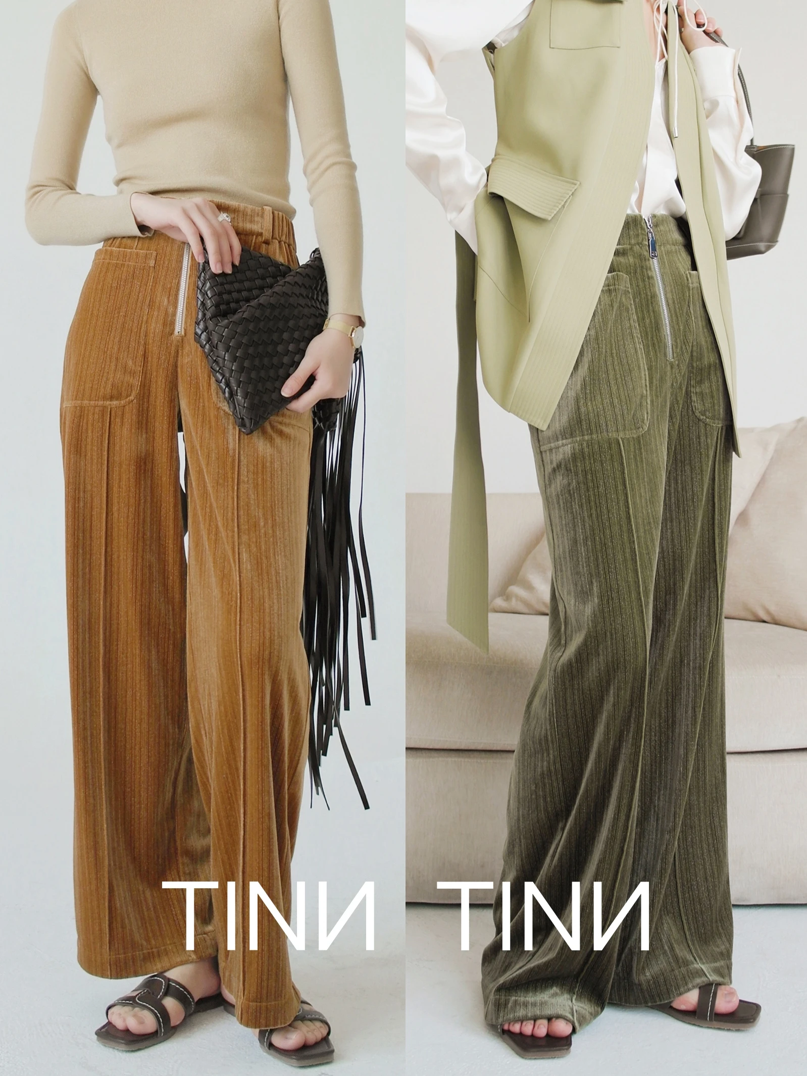 

TINNTINN High Waist Wide Leg Pants Zipper Silver Tead Vertical Stripes Velvet Women's Autumn Winter Casual Trousers