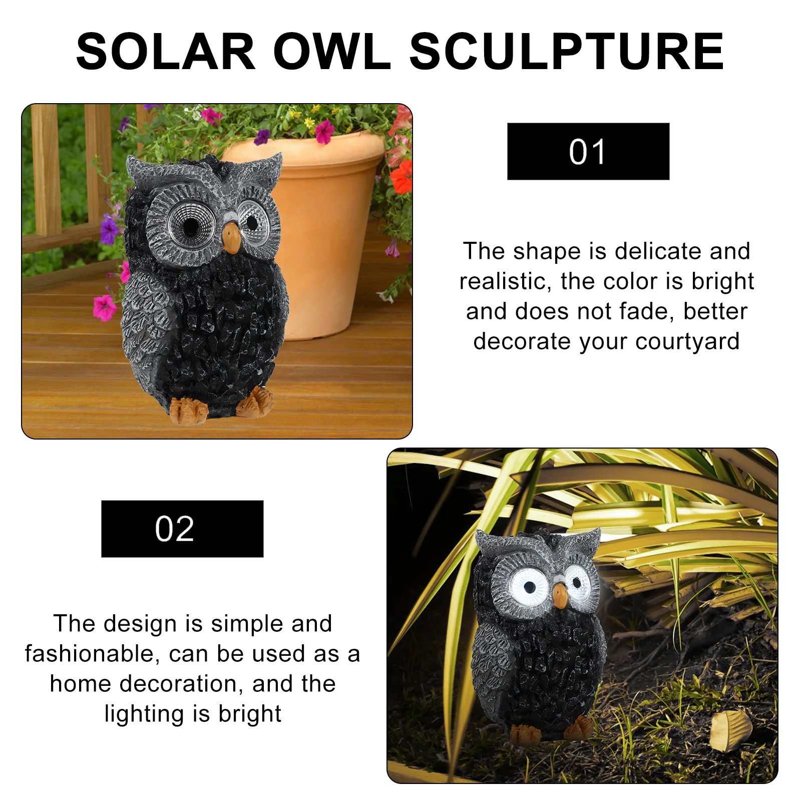 

Resin Solar Owl Sculpture Waterproof Weatherproof Garden Statue for Patio Balcony Lawn Outdoor Decorative Lighting Figure