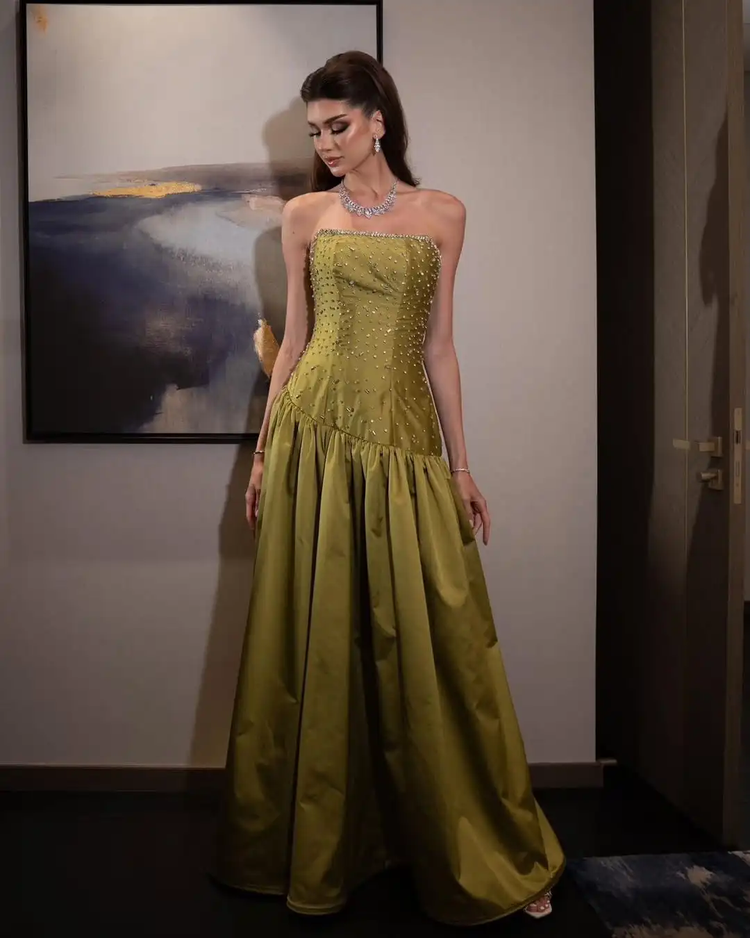 

Lovestory Beaded Strapless Evening Dresses Saudi Arabia Women Wear Sleeveless Vestidos Prom Party Formal Party Dresses