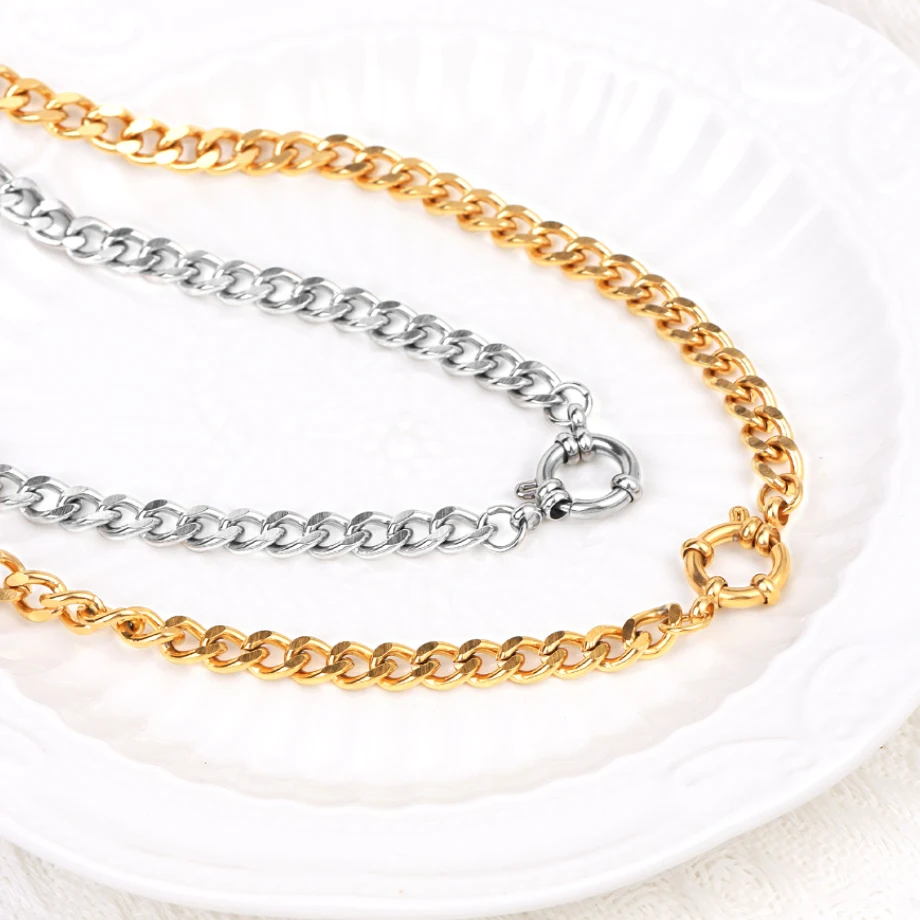 1 pc Anchor Clasp Stainless Steel Necklace for Men Women Cuban Link Chain Choker Openable Gold Color Necklaces Jewelry Gift T102