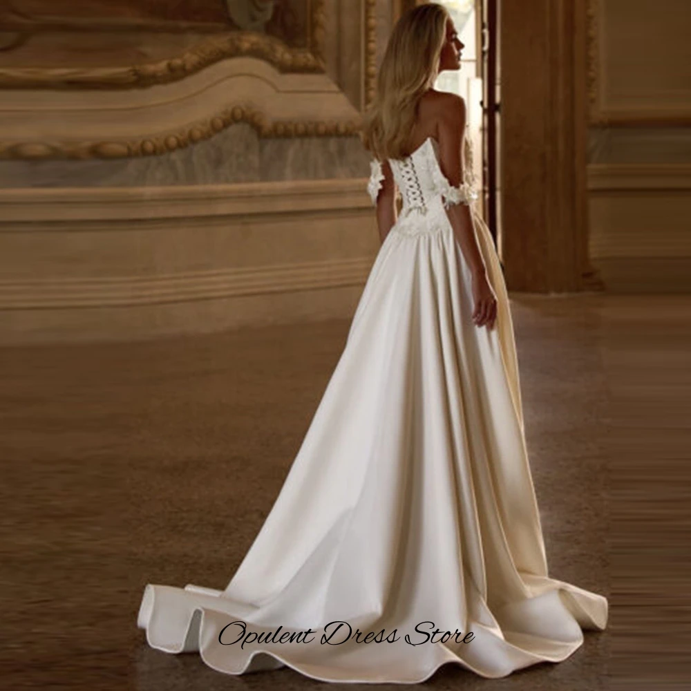 Customized Sexy Side Slit Vestido De Novia Elegant A-Line Satin Wedding Dress Delicate Handmade flowers Beading Robe de mariée
