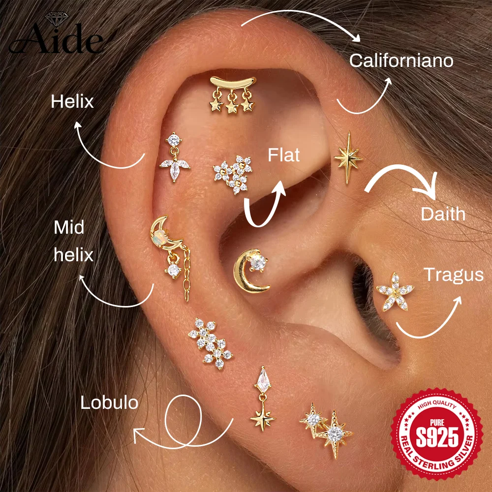 AIDE 925 Sterling Silber Gold Farbe Knorpel Spirale Stud Ohrring Für Frauen Stern Kette Piercing Ohrring Student Geburtstag Geschenk 1 stück