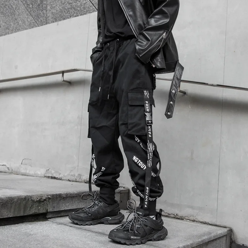 HOUZHOU Techwear Cargo Pants Men Joggers Black Cargo Trousers for Men Jogging Japanese Streetwear Hip Hop Hippie Gothic Ribbon