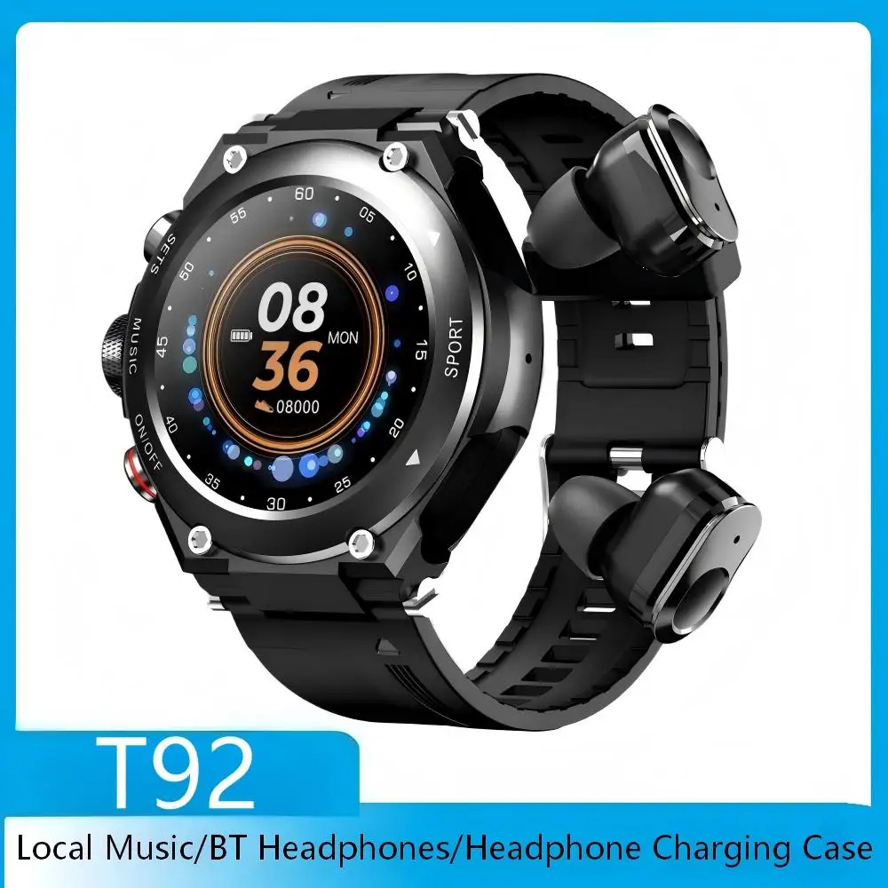 

Умные часы 2-в-1 с TWS-наушниками, записью музыки, звонками по Bluetooth, зарядным чехлом, воспроизведением музыки, голосовым помощником T92