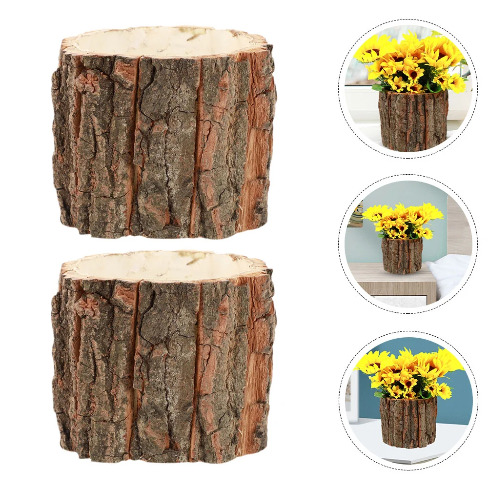 

2 Pcs Bark Flower Bucket Outdoor Planter Wood Pots Barrel Tree Stump Decor for Plants Indoor Vase Decorative Wooden Planters