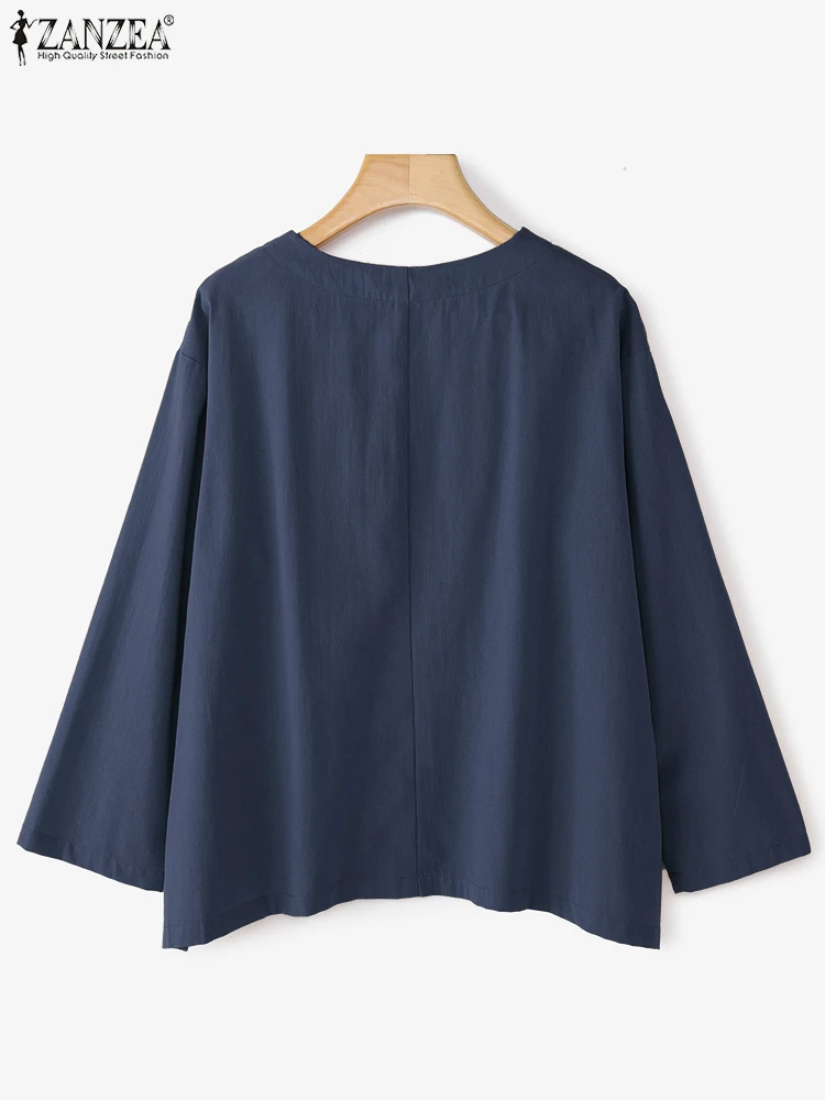 2025 ZANZEA Women Cotton Blouses Autumn Shirts Casual V Neck Long Sleeve Solid Tops Female Elegant Work OL Blusas Loose Chemise
