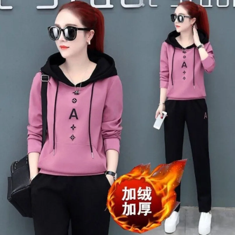 Autumn and Winter New Korean Style Fashionable Hooded Top Casual Pants Sporty Women's Two-piece Set