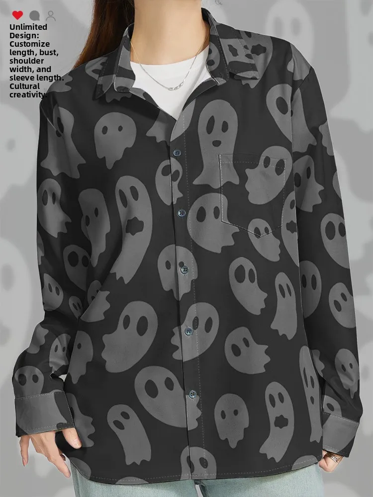 قميص رجالي بأكمام طويلة بنمط شبح كرتوني للهالوين، زي شبح لطيف، قميص كاجوال مستقيم الساق مطبوع من مزيج البوليستر