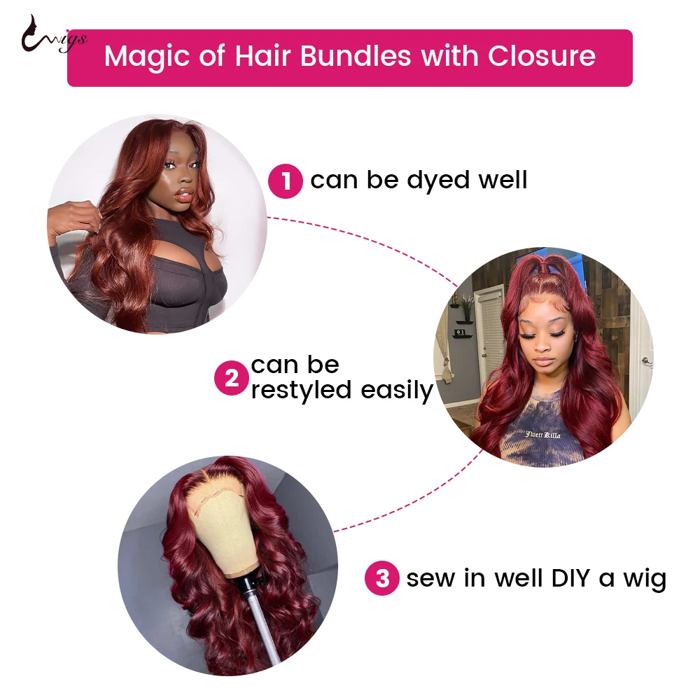 99J Burgundy Body Wave ปิด 5x5 100% Human Hair Extension ปิดสี 99J Human Hair Bundles