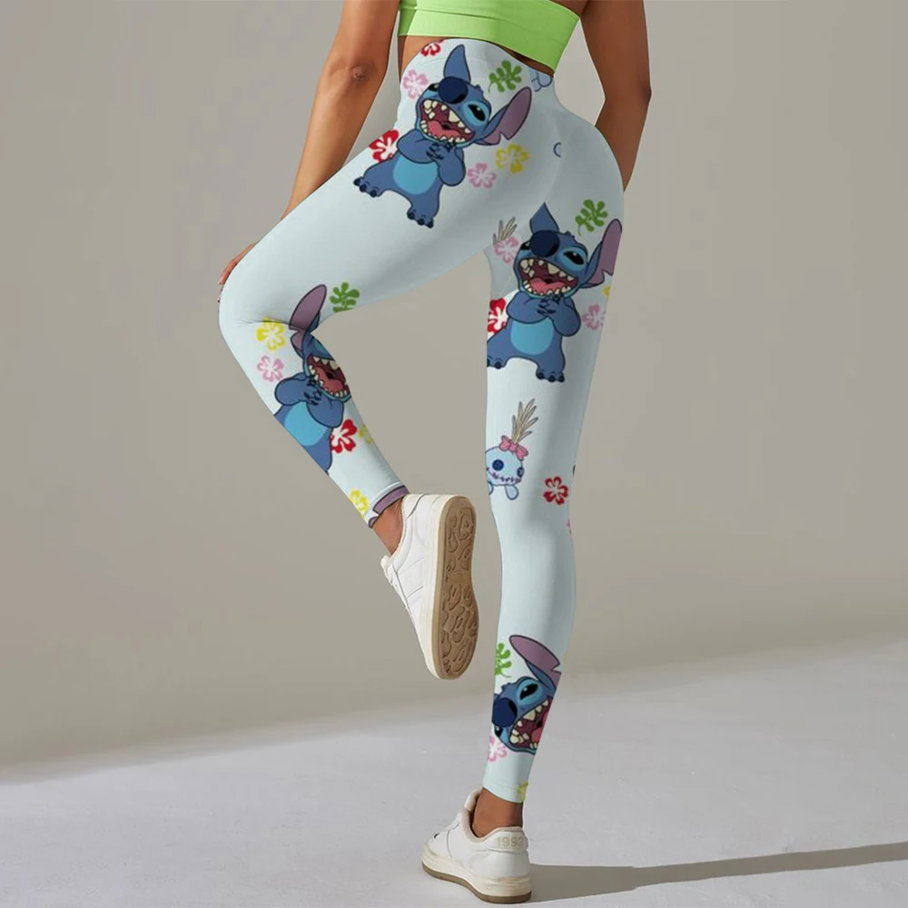 Disney Stitch พิมพ์นุ่มผู้หญิงกางเกงกีฬาแน่นเนยเอวสูงโยคะ Legging กีฬายิมการฝึกอบรมที่ครอบคลุม Jog Back Wais