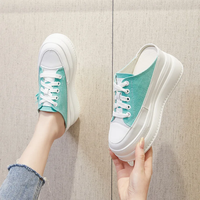 9 سنتيمتر النساء الصيف الخريف النعال الجديدة منصة إسفين كعب أحذية الشاطئ الشرائح الإناث البغال أحذية رياضية موضة قماش النعال