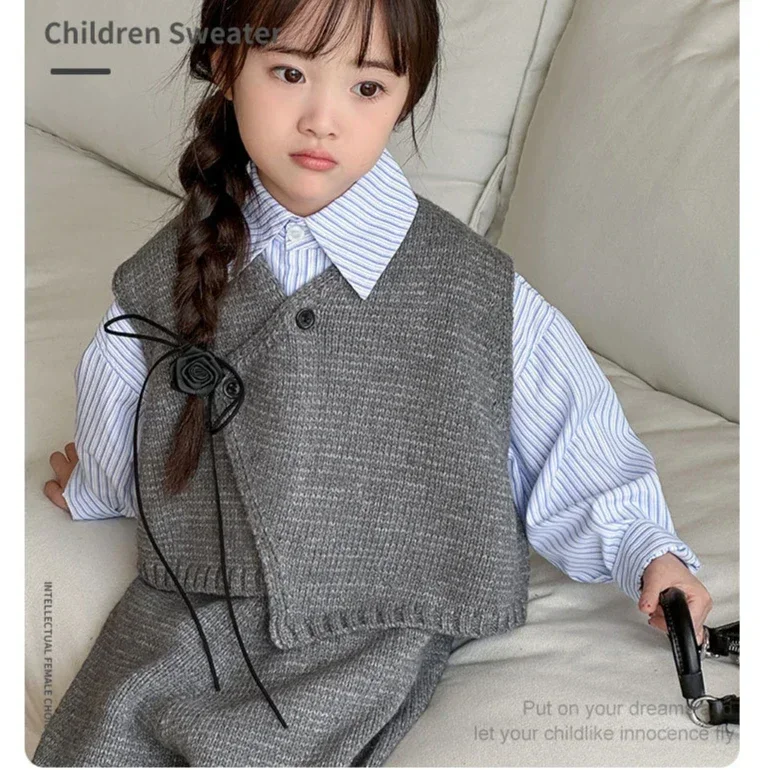 Girls Suit 2024 Autumn New Childrens Wear Korean Style Girl Baby Foreign Style Vest Knit Pants Two-piece Set Casual Simple Daily