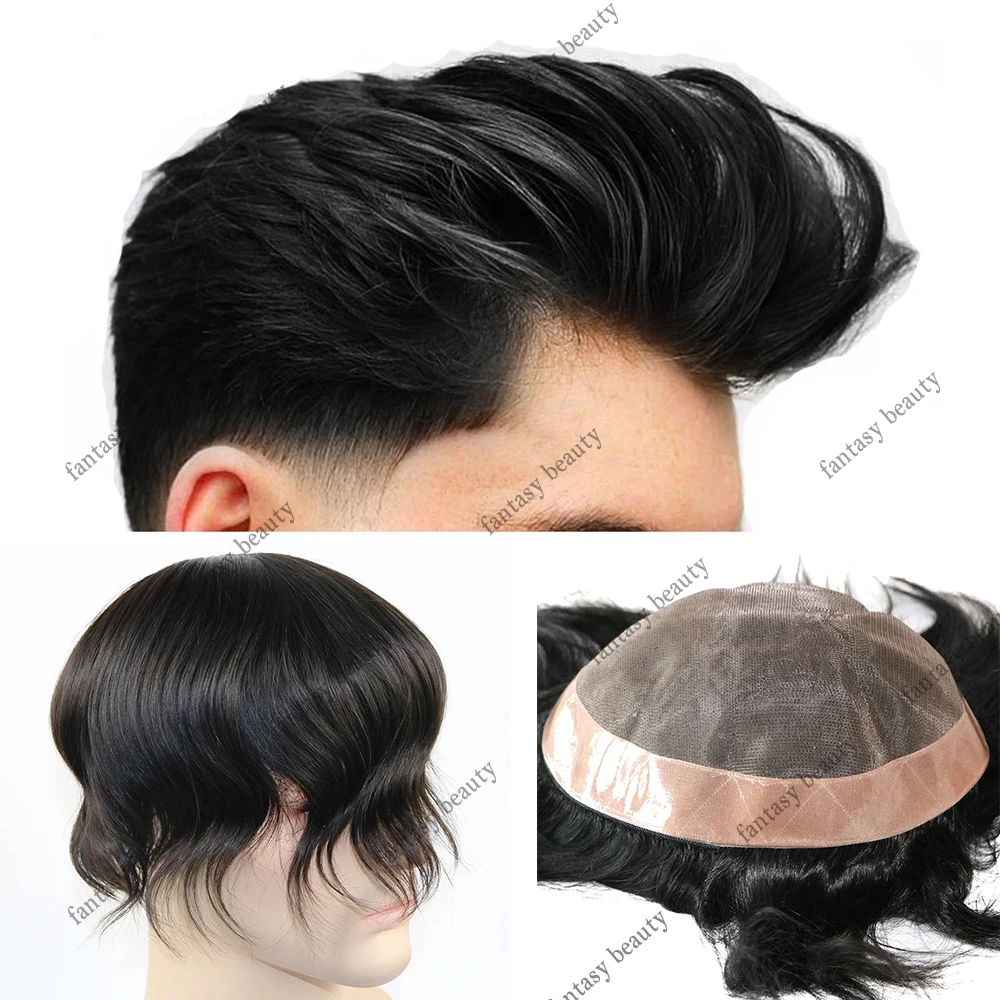Wig pria, sistem pengganti rambut palsu pria tahan lama, dasar Mono halus & rambut manusia Pu, wig pria gelombang lurus