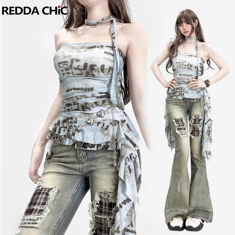 

Женский сетчатый топ-корсет REDDACHiC с надписями, летний, для выхода в свет, с шарфом на шее, эластичный, с асимметричными оборками и бахромой, в стиле Y2K, уличная мода