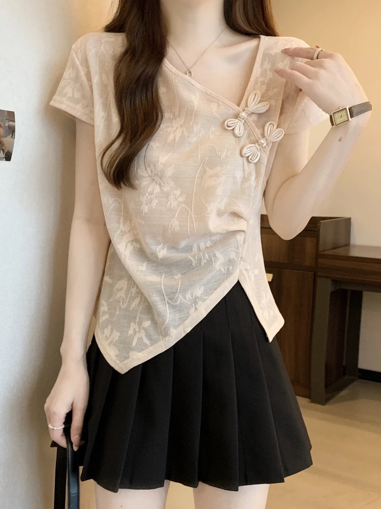 

Summer Women's T-shirt Short Sleeve Asymmetric V-neck plus Size Slimming Chinese Style Button up Top Korean Style Loose Fit