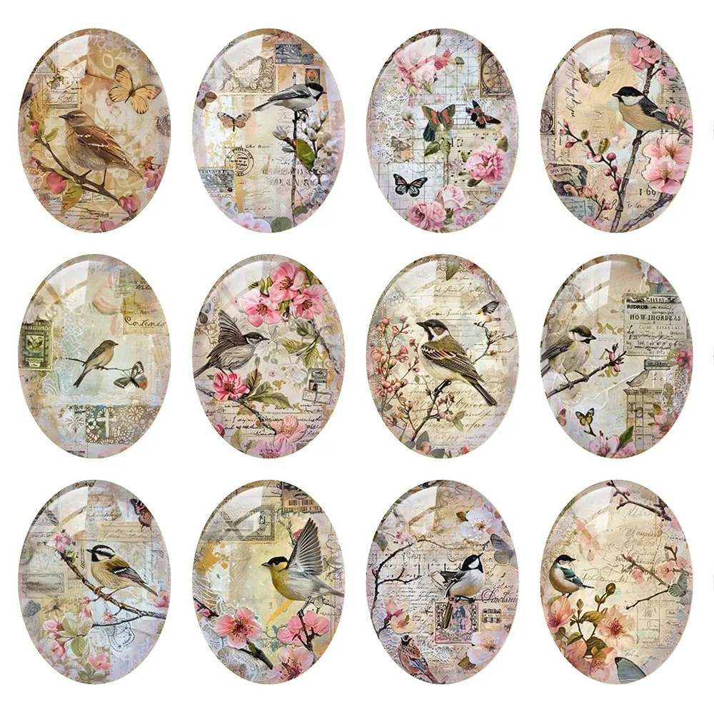 Random Mixed Round/Oval/Square Vintage Bird Flower Collage Photo Glass Cabochon Flatback Demo Cameo For Diy Jewelry Making