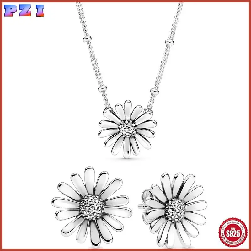 

Authentic 925 Sterling Silver Pave Daisy Flower Statement Earring Necklace With Crystal For Women Jewelry Set Gift